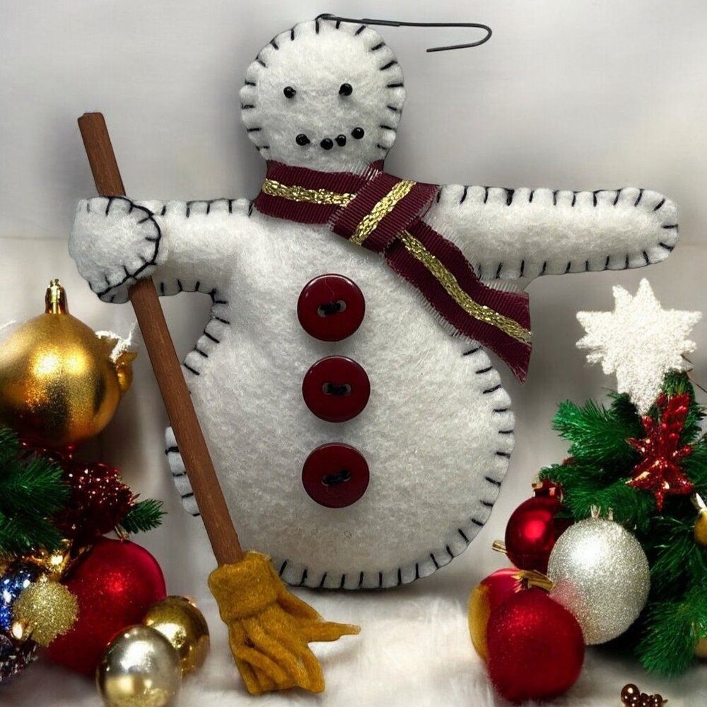 Vintage Handmade Felt Sweeping Snowman Christmas Ornament Scarf & Buttons Accent